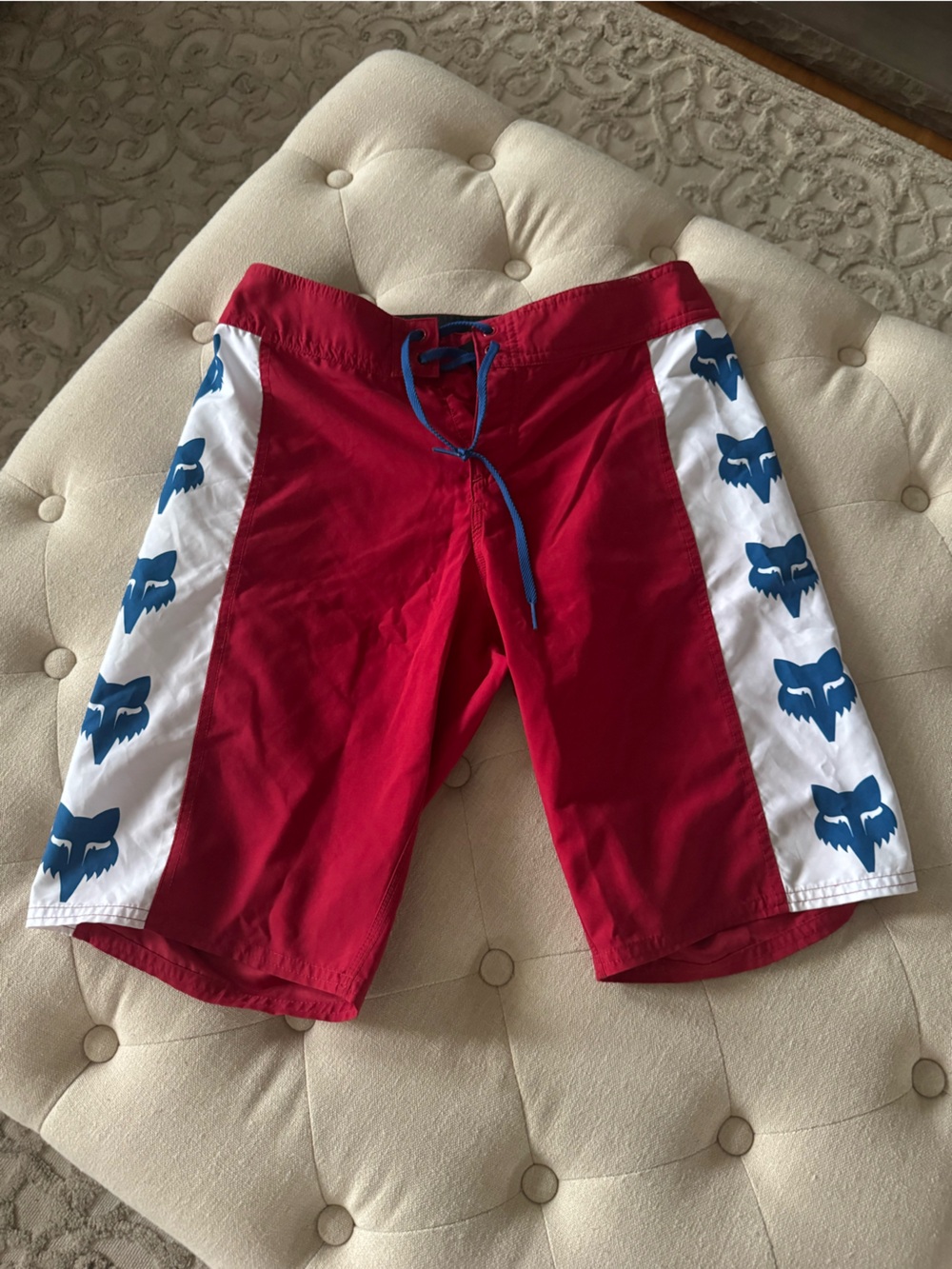 Fox Men's Red Swim Trunks with Blue Fox Head Panels 🦊